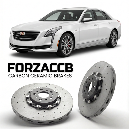 ForzaCCB direct OEM replacement carbon ceramic brake rotors for 2016 to 2019 Cadillac CT6 models, shown with a white Cadillac CT6 car.