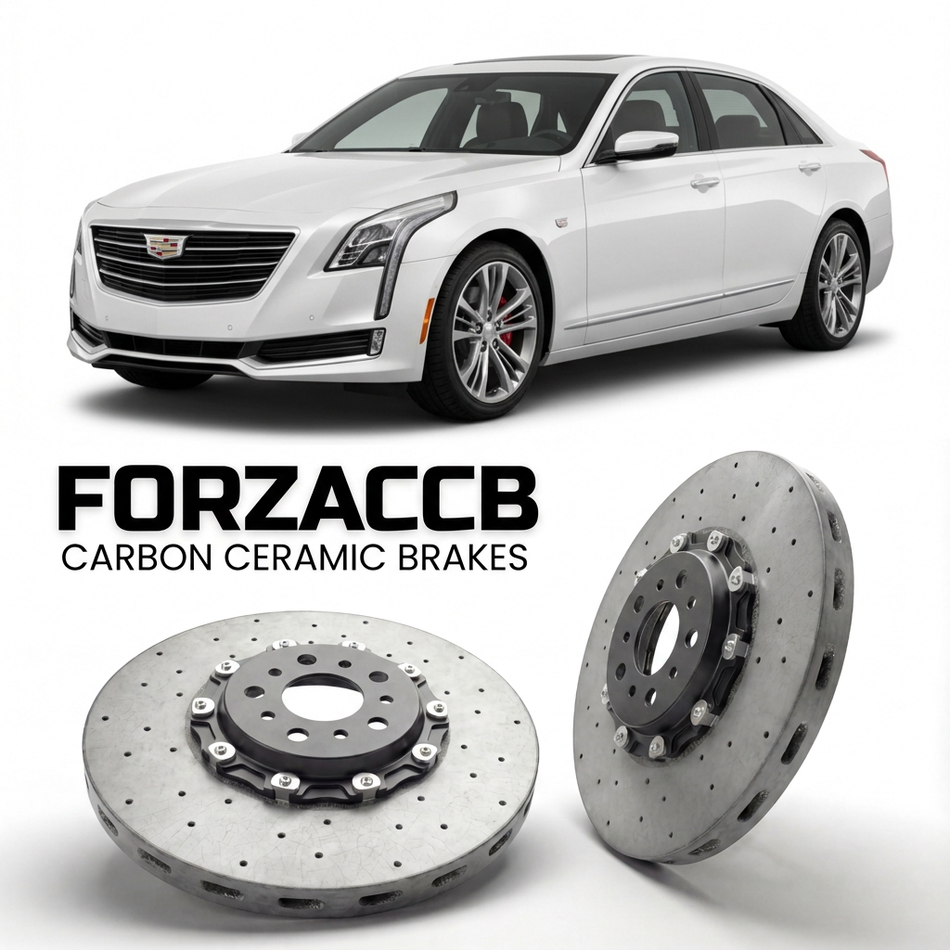 ForzaCCB direct OEM replacement carbon ceramic brake rotors for 2016 to 2019 Cadillac CT6 models, shown with a white Cadillac CT6 car.