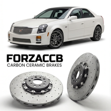 ForzaCCB direct OEM replacement carbon ceramic brake rotors for 2005 to 2007 Cadillac CTS models, shown with a white Cadillac CTS car.