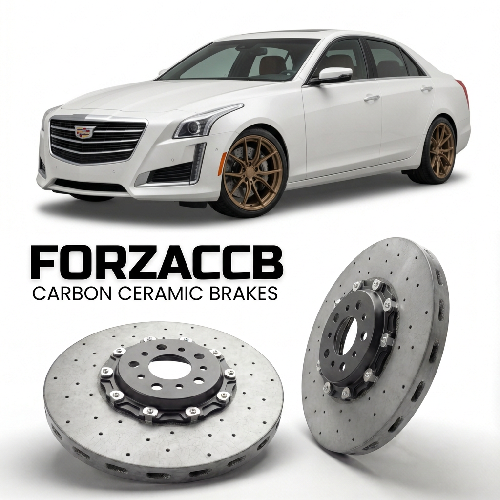 ForzaCCB direct OEM replacement carbon ceramic brake rotors for 2008 to 2014 Cadillac CTS II models, shown with a white Cadillac CTS car.