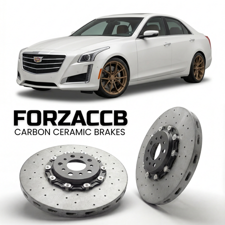 ForzaCCB direct OEM replacement carbon ceramic brake rotors for 2008 to 2014 Cadillac CTS II models, shown with a white Cadillac CTS car.
