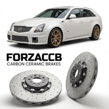 ForzaCCB direct OEM replacement carbon ceramic brake rotors for 2010 to 2014 Cadillac CTS II Sport Wagon models, shown with a white Cadillac CTS car.