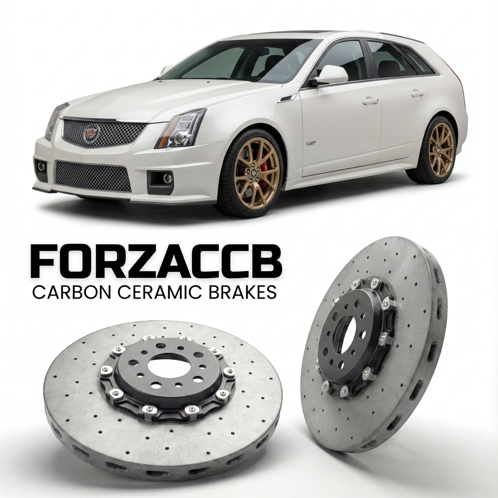ForzaCCB direct OEM replacement carbon ceramic brake rotors for 2010 to 2014 Cadillac CTS II Sport Wagon models, shown with a white Cadillac CTS car.