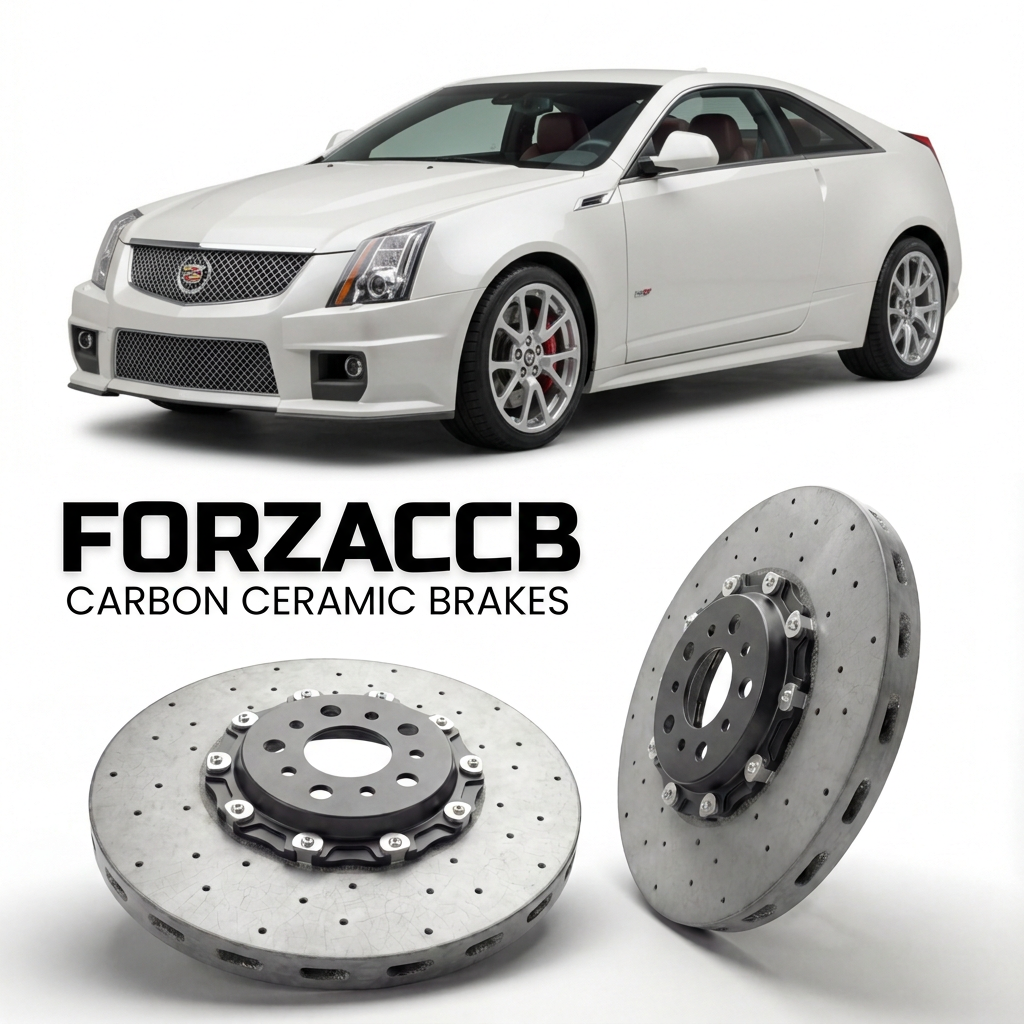 ForzaCCB direct OEM replacement carbon ceramic brake rotors for 2011 to 2014 Cadillac CTS II Coupe models, shown with a white Cadillac CTS car.