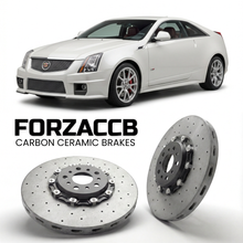 ForzaCCB direct OEM replacement carbon ceramic brake rotors for 2011 to 2014 Cadillac CTS II Coupe models, shown with a white Cadillac CTS car.
