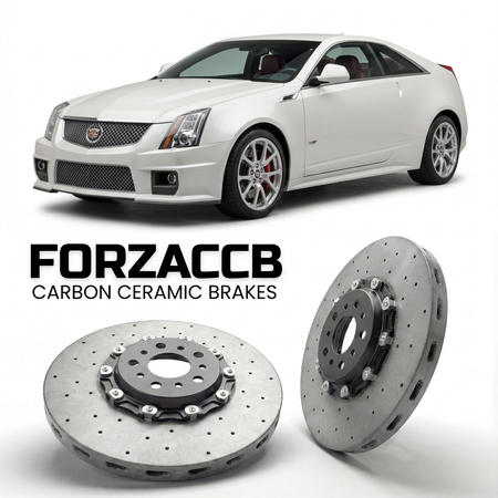 ForzaCCB direct OEM replacement carbon ceramic brake rotors for 2011 to 2014 Cadillac CTS II Coupe models, shown with a white Cadillac CTS car.