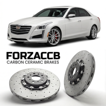 ForzaCCB direct OEM replacement carbon ceramic brake rotors for 2014 to 2019 Cadillac CTS III models, shown with a white Cadillac CTS car.