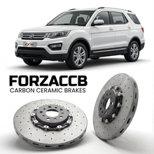 ForzaCCB direct OEM replacement carbon ceramic brake rotors for 2016 and newer ChangAn CX70 models, shown with a white ChangAn CX70 car.