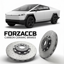 ForzaCCB direct OEM replacement carbon ceramic brake rotors for 2024 and newer Tesla Cybertruck models, shown with a white Tesla Cybertruck car.