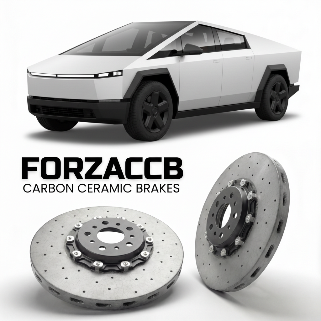 ForzaCCB direct OEM replacement carbon ceramic brake rotors for 2024 and newer Tesla Cybertruck models, shown with a white Tesla Cybertruck car.