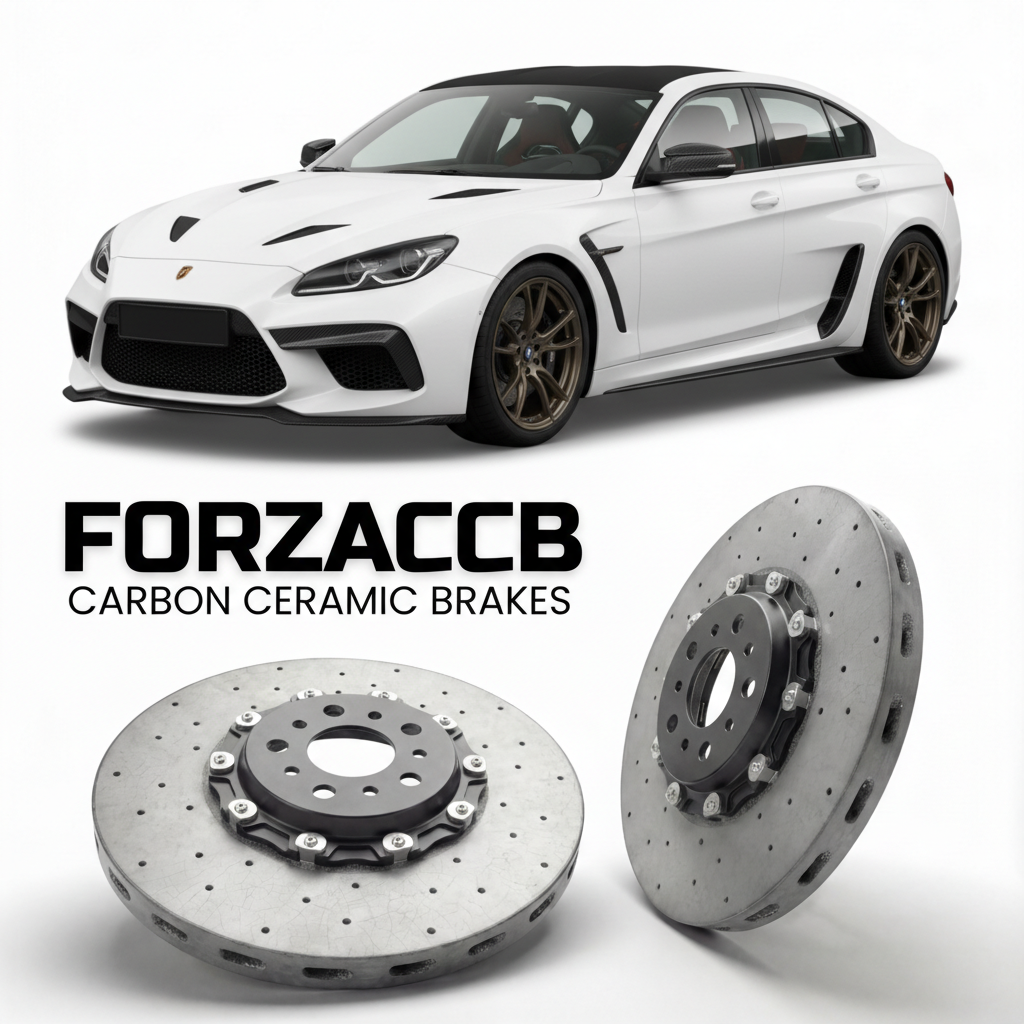 ForzaCCB direct OEM replacement carbon ceramic brake rotors for 2013 to 2022 Donkervoort D8 GTO models, shown with a white Donkervoort D8 GTO car.