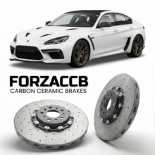 ForzaCCB direct OEM replacement carbon ceramic brake rotors for 2013 to 2022 Donkervoort D8 GTO models, shown with a white Donkervoort D8 GTO car.