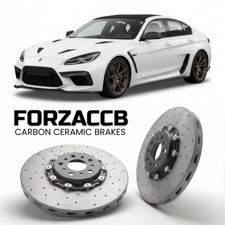 ForzaCCB direct OEM replacement carbon ceramic brake rotors for 2013 to 2022 Donkervoort D8 GTO models, shown with a white Donkervoort D8 GTO car.
