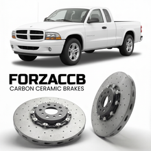 ForzaCCB direct OEM replacement carbon ceramic brake rotors for 2005 to 2005 Dodge Dakota II models, shown with a white Dodge Dakota car.