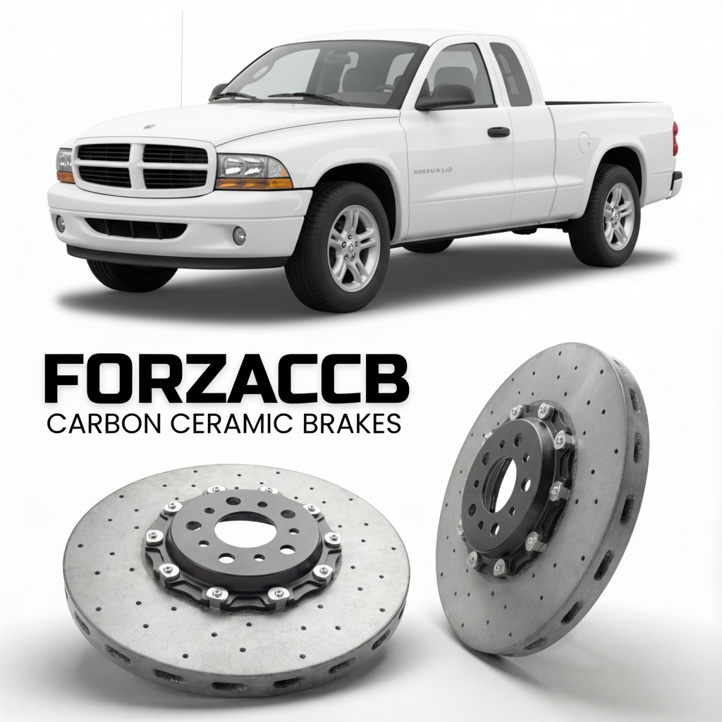 ForzaCCB direct OEM replacement carbon ceramic brake rotors for 2005 to 2005 Dodge Dakota II models, shown with a white Dodge Dakota car.