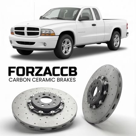 ForzaCCB direct OEM replacement carbon ceramic brake rotors for 2005 to 2005 Dodge Dakota II models, shown with a white Dodge Dakota car.