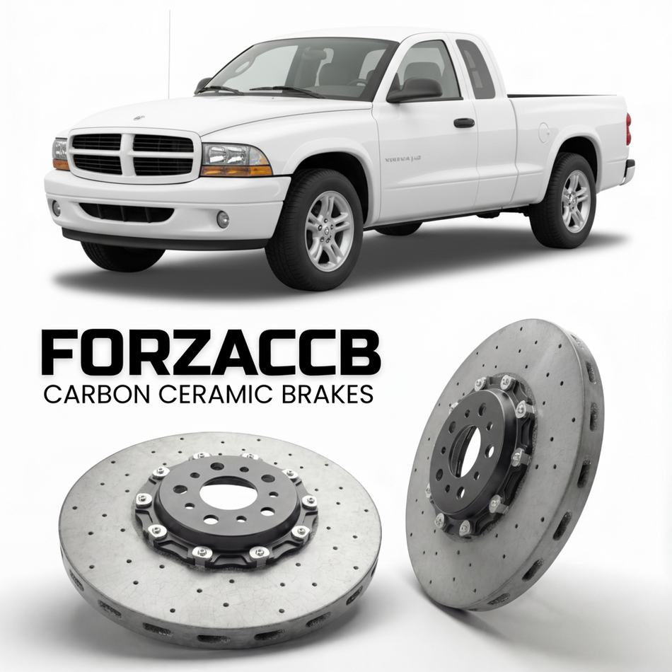 ForzaCCB direct OEM replacement carbon ceramic brake rotors for 2005 to 2005 Dodge Dakota II models, shown with a white Dodge Dakota car.