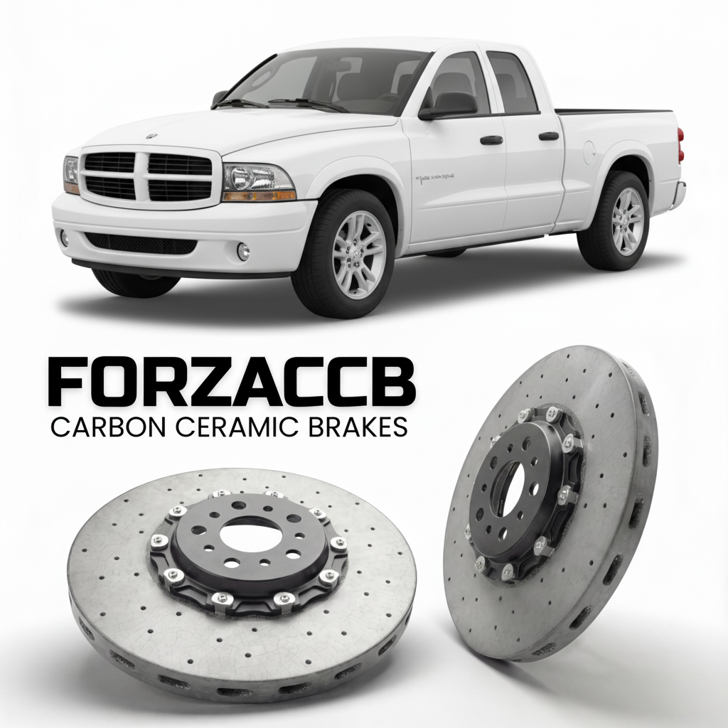 ForzaCCB direct OEM replacement carbon ceramic brake rotors for 2005 to 2007 Dodge Dakota III models, shown with a white Dodge Dakota car.