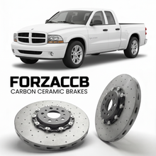 ForzaCCB direct OEM replacement carbon ceramic brake rotors for 2005 to 2007 Dodge Dakota III models, shown with a white Dodge Dakota car.