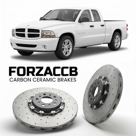 ForzaCCB direct OEM replacement carbon ceramic brake rotors for 2005 to 2007 Dodge Dakota III models, shown with a white Dodge Dakota car.