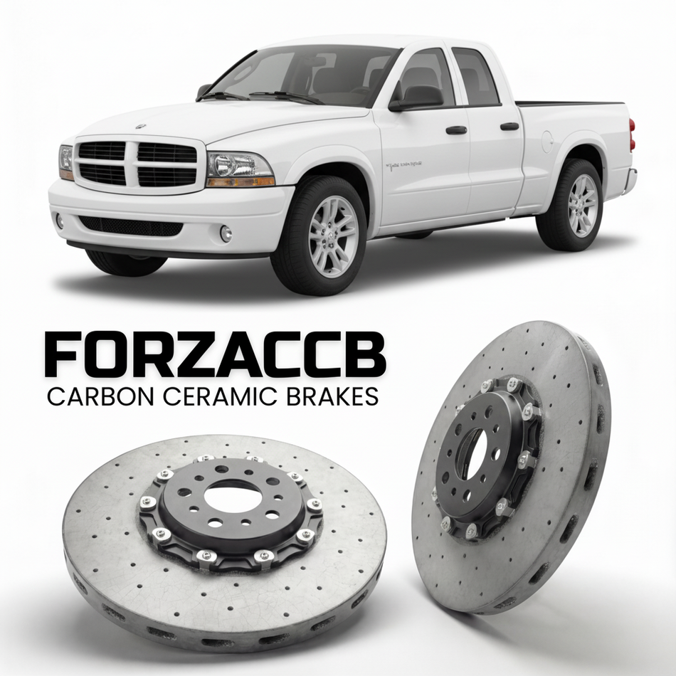 ForzaCCB direct OEM replacement carbon ceramic brake rotors for 2005 to 2007 Dodge Dakota III models, shown with a white Dodge Dakota car.
