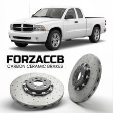 ForzaCCB direct OEM replacement carbon ceramic brake rotors for 2007-2011) Dodge Dakota III (facelift 2007 models, shown with a white Dodge Dakota car.