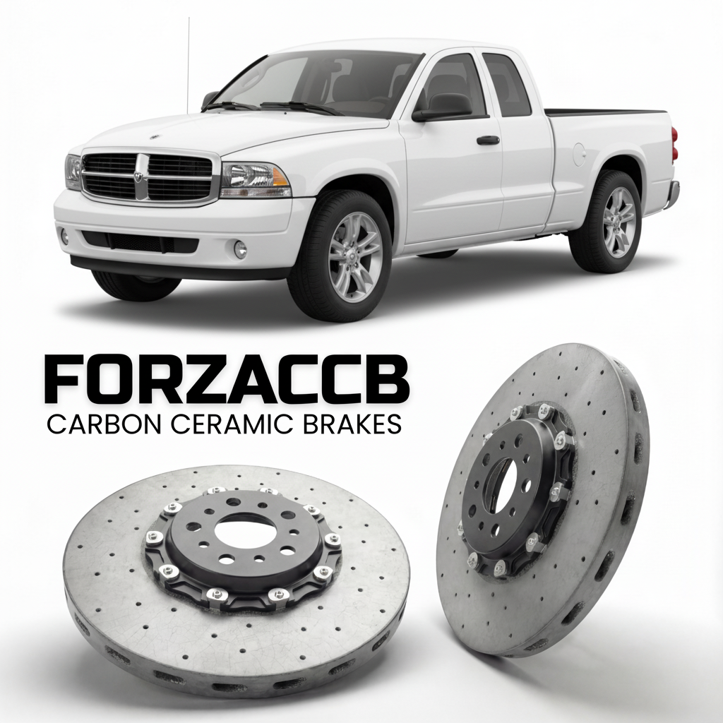 ForzaCCB direct OEM replacement carbon ceramic brake rotors for 2007-2011) Dodge Dakota III (facelift 2007 models, shown with a white Dodge Dakota car.