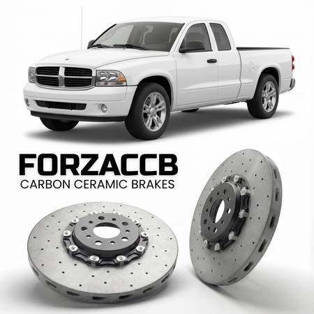 ForzaCCB direct OEM replacement carbon ceramic brake rotors for 2007-2011) Dodge Dakota III (facelift 2007 models, shown with a white Dodge Dakota car.