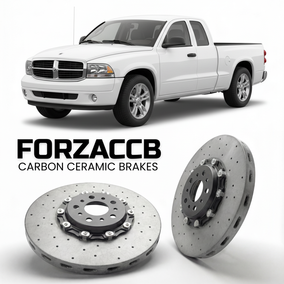 ForzaCCB direct OEM replacement carbon ceramic brake rotors for 2007-2011) Dodge Dakota III (facelift 2007 models, shown with a white Dodge Dakota car.