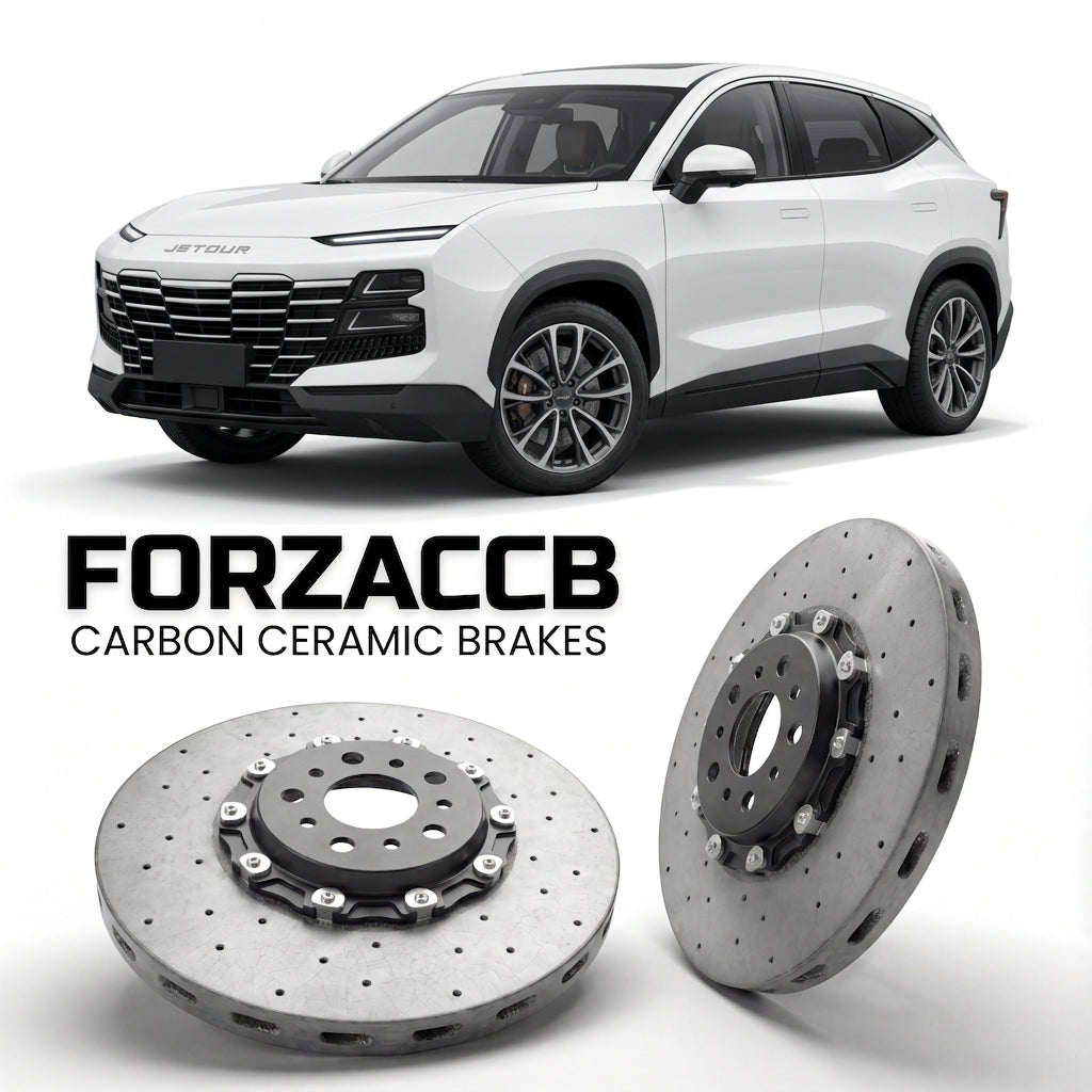ForzaCCB direct OEM replacement carbon ceramic brake rotors for 2022 and newer Jetour Dashing models, shown with a white Jetour Dashing car.