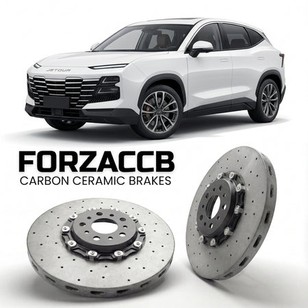 ForzaCCB direct OEM replacement carbon ceramic brake rotors for 2022 and newer Jetour Dashing models, shown with a white Jetour Dashing car.