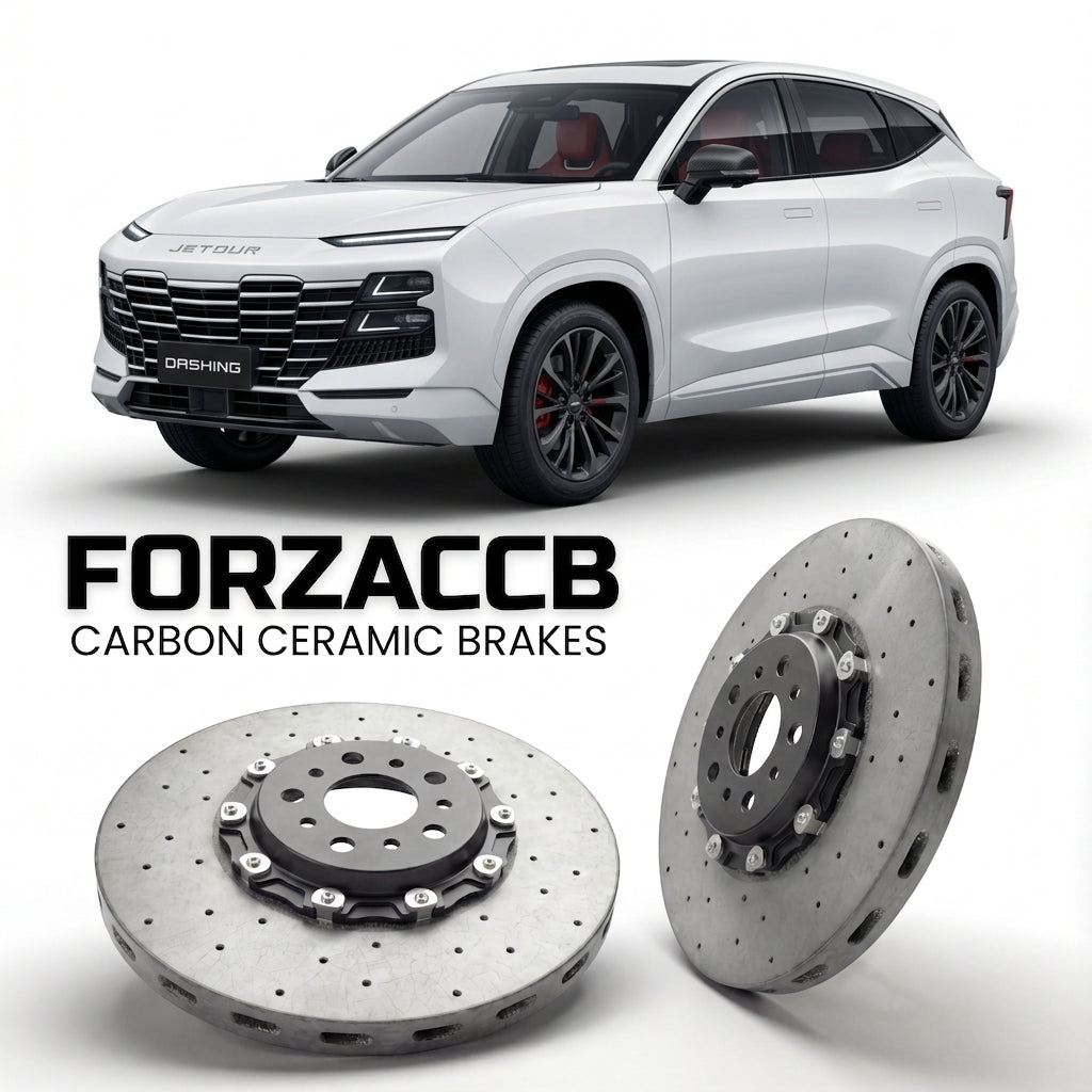ForzaCCB direct OEM replacement carbon ceramic brake rotors for 2024 and newer Jetour Dashing facelift 2024 models, shown with a white Jetour Dashing car.