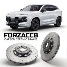 ForzaCCB direct OEM replacement carbon ceramic brake rotors for 2024 and newer Jetour Dashing facelift 2024 models, shown with a white Jetour Dashing car.
