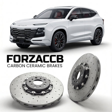 ForzaCCB direct OEM replacement carbon ceramic brake rotors for 2024 and newer Jetour Dashing facelift 2024 models, shown with a white Jetour Dashing car.