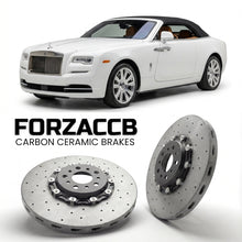 ForzaCCB direct OEM replacement carbon ceramic brake rotors for 2015 and newer Rolls-Royce Dawn models, shown with a white Rolls-Royce Dawn car.