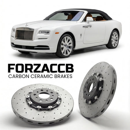 ForzaCCB direct OEM replacement carbon ceramic brake rotors for 2015 and newer Rolls-Royce Dawn models, shown with a white Rolls-Royce Dawn car.