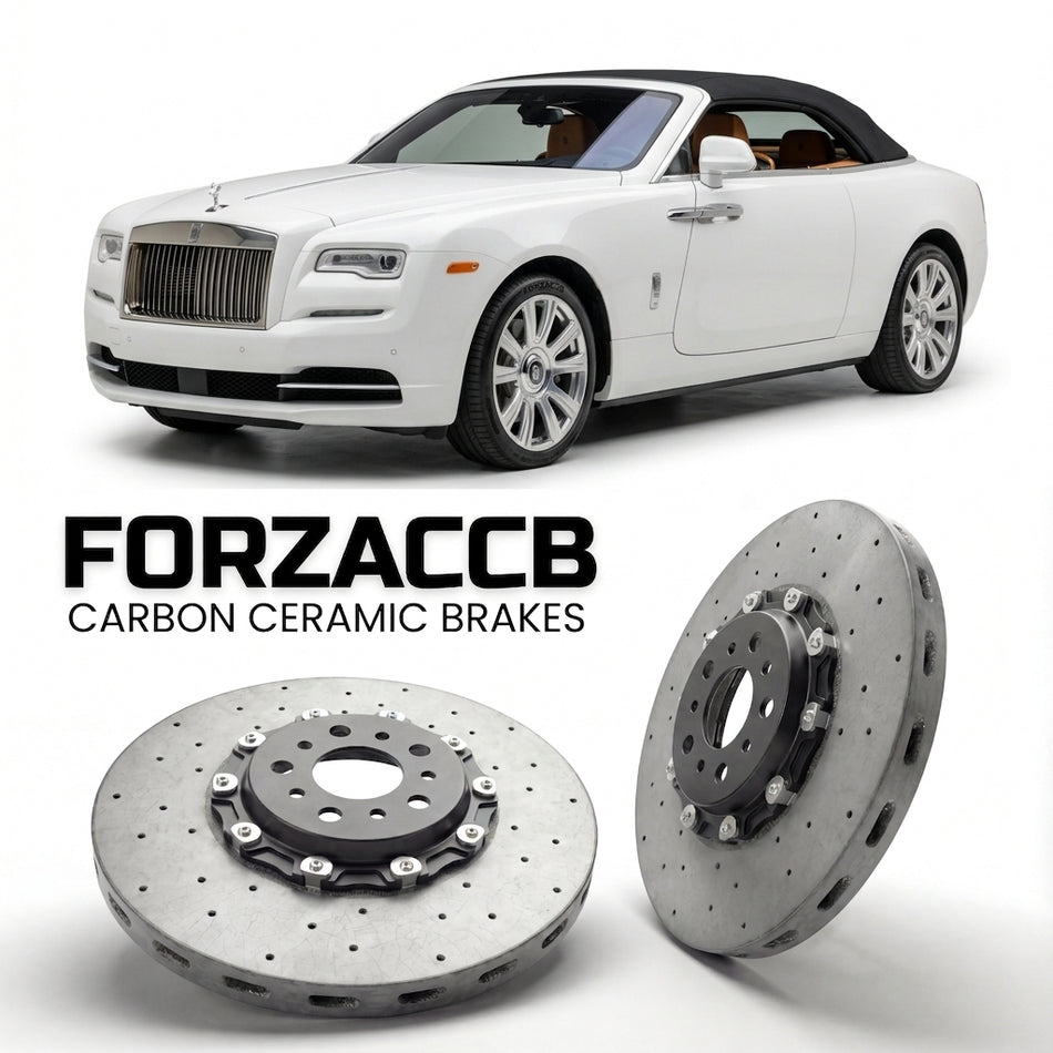 ForzaCCB direct OEM replacement carbon ceramic brake rotors for 2015 and newer Rolls-Royce Dawn models, shown with a white Rolls-Royce Dawn car.