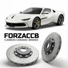 ForzaCCB direct OEM replacement carbon ceramic brake rotors for 2021 to 2023 Ferrari Daytona SP3 models, shown with a white Ferrari Daytona SP3 car.