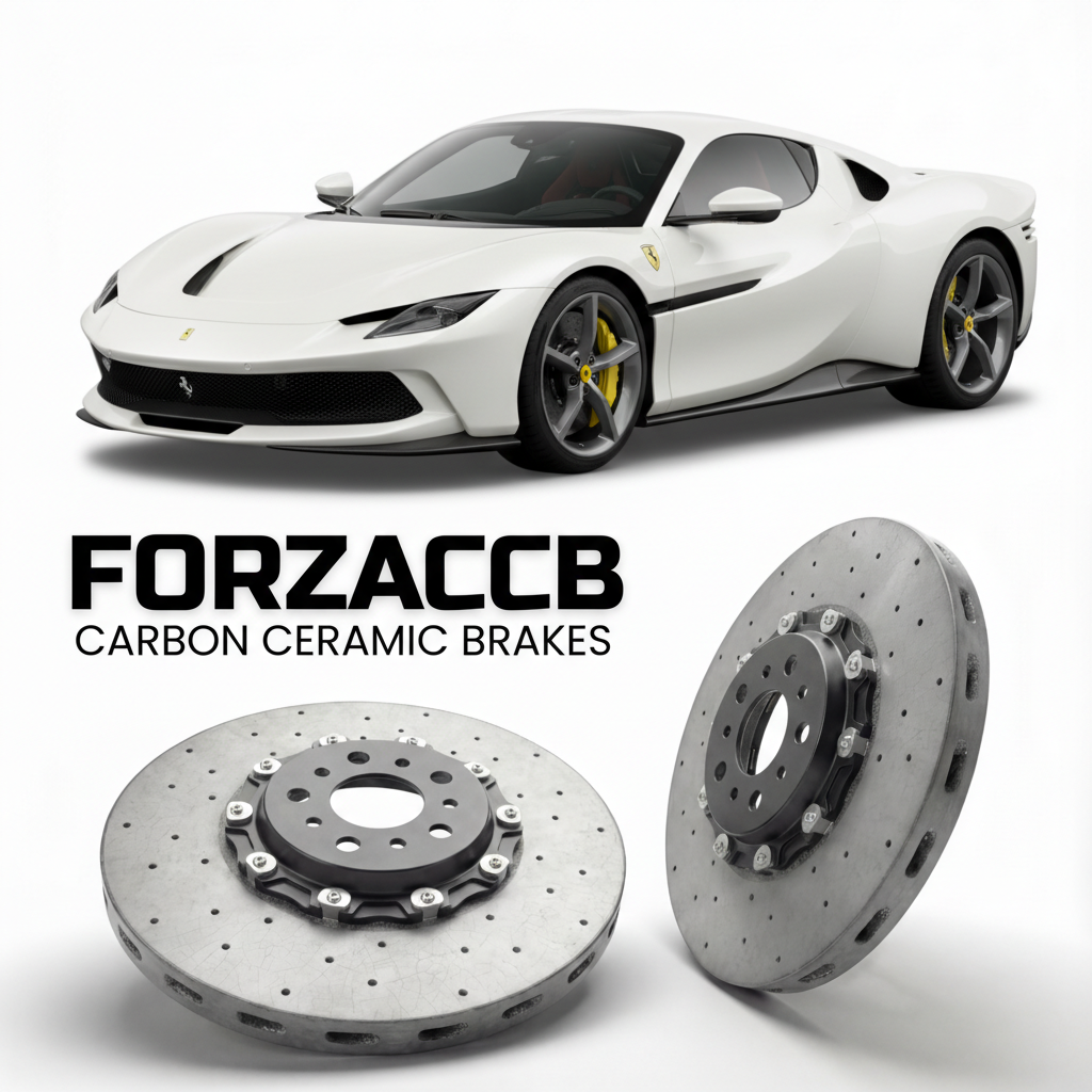 ForzaCCB direct OEM replacement carbon ceramic brake rotors for 2021 to 2023 Ferrari Daytona SP3 models, shown with a white Ferrari Daytona SP3 car.