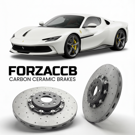 ForzaCCB direct OEM replacement carbon ceramic brake rotors for 2021 to 2023 Ferrari Daytona SP3 models, shown with a white Ferrari Daytona SP3 car.