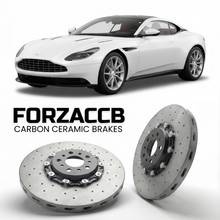 ForzaCCB direct OEM replacement carbon ceramic brake rotors for 2016 to 2023 Aston Martin DB11 AM5 models, shown with a white Aston Martin DB11 car.