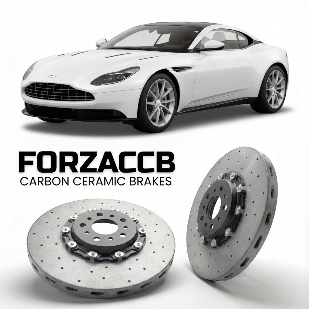 ForzaCCB direct OEM replacement carbon ceramic brake rotors for 2016 to 2023 Aston Martin DB11 AM5 models, shown with a white Aston Martin DB11 car.