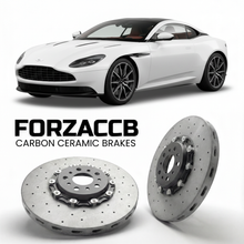 ForzaCCB direct OEM replacement carbon ceramic brake rotors for 2023 and newer Aston Martin DB12 models, shown with a white Aston Martin DB12 car.