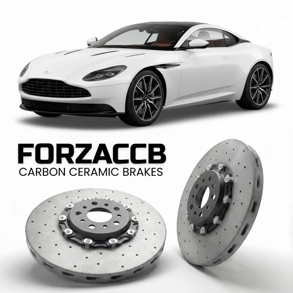 ForzaCCB direct OEM replacement carbon ceramic brake rotors for 2023 and newer Aston Martin DB12 models, shown with a white Aston Martin DB12 car.