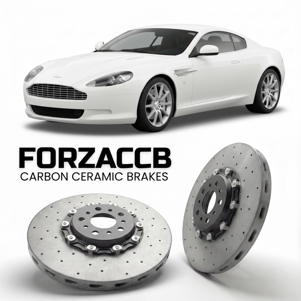 ForzaCCB direct OEM replacement carbon ceramic brake rotors for 2004 to 2012 Aston Martin DB9 VH models, shown with a white Aston Martin DB9 car.