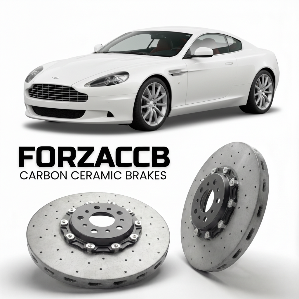 ForzaCCB direct OEM replacement carbon ceramic brake rotors for 2013 to 2016 Aston Martin DB9 VH models, shown with a white Aston Martin DB9 car.