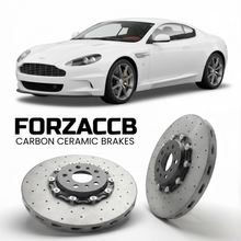 ForzaCCB direct OEM replacement carbon ceramic brake rotors for 2007 to 2012 Aston Martin DBS VH models, shown with a white Aston Martin DBS car.