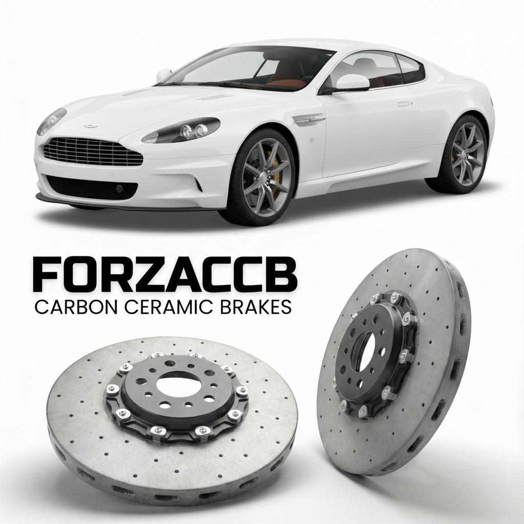 ForzaCCB direct OEM replacement carbon ceramic brake rotors for 2007 to 2012 Aston Martin DBS VH models, shown with a white Aston Martin DBS car.