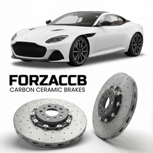 ForzaCCB direct OEM replacement carbon ceramic brake rotors for 2018 to 2024 Aston Martin DBS Superleggera models, shown with a white Aston Martin DBS Superleggera car.