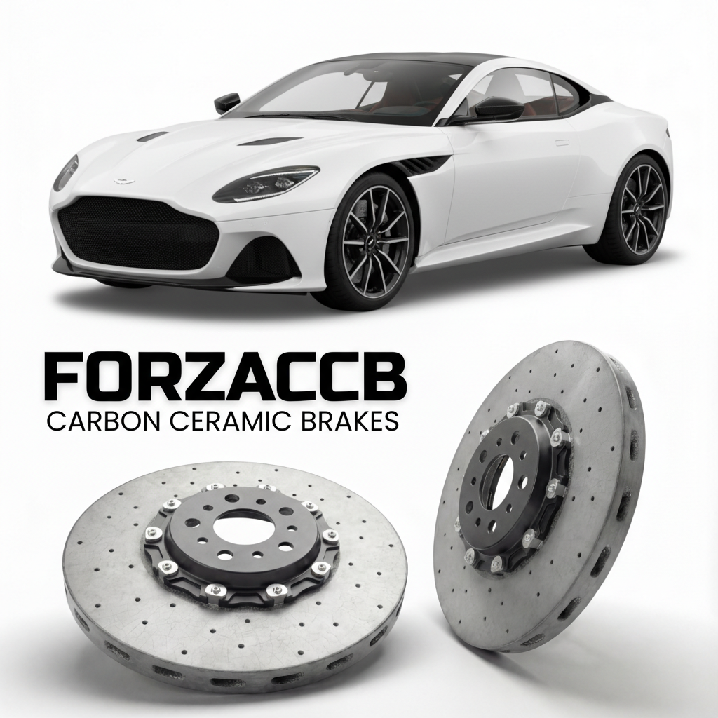 ForzaCCB direct OEM replacement carbon ceramic brake rotors for 2018 to 2024 Aston Martin DBS Superleggera models, shown with a white Aston Martin DBS Superleggera car.